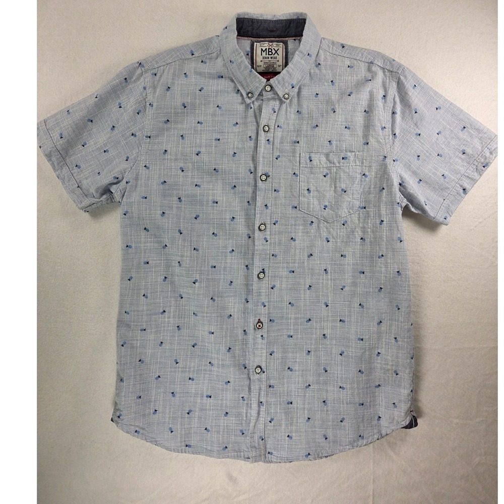 MBX Men's Large Button Down Short Sleeve Blue Pineapple Casual Cotton Shirt